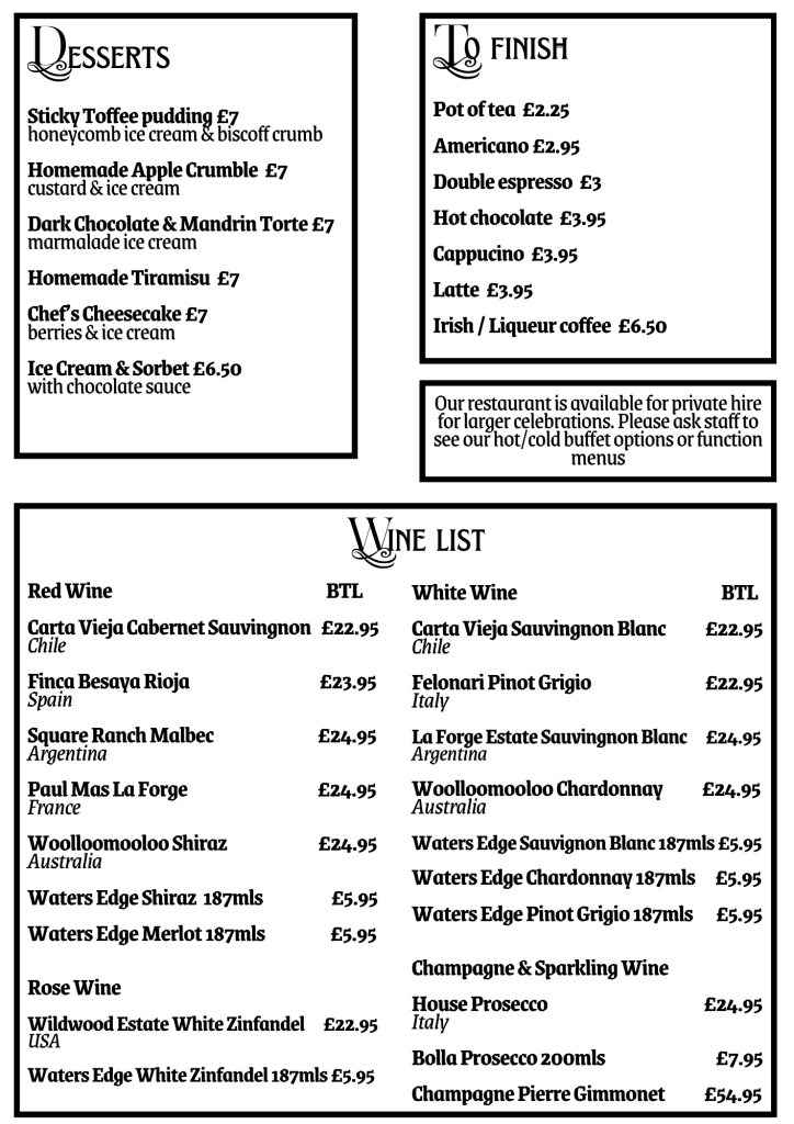 Dobbins Inn - Food Menu - Carrickfergus